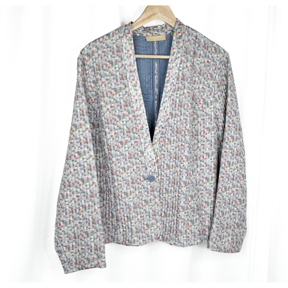 Kate Hill Woman 100% Silk Quilted Jacket Blazer 1X Plus Multicolor Mosaic Print